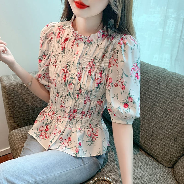 【tops】美人度アップスウィートパフスリーブ花柄トップス　M17339