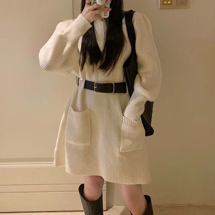 【dress】アウトポケットニットワンピースベルト付き　M17887