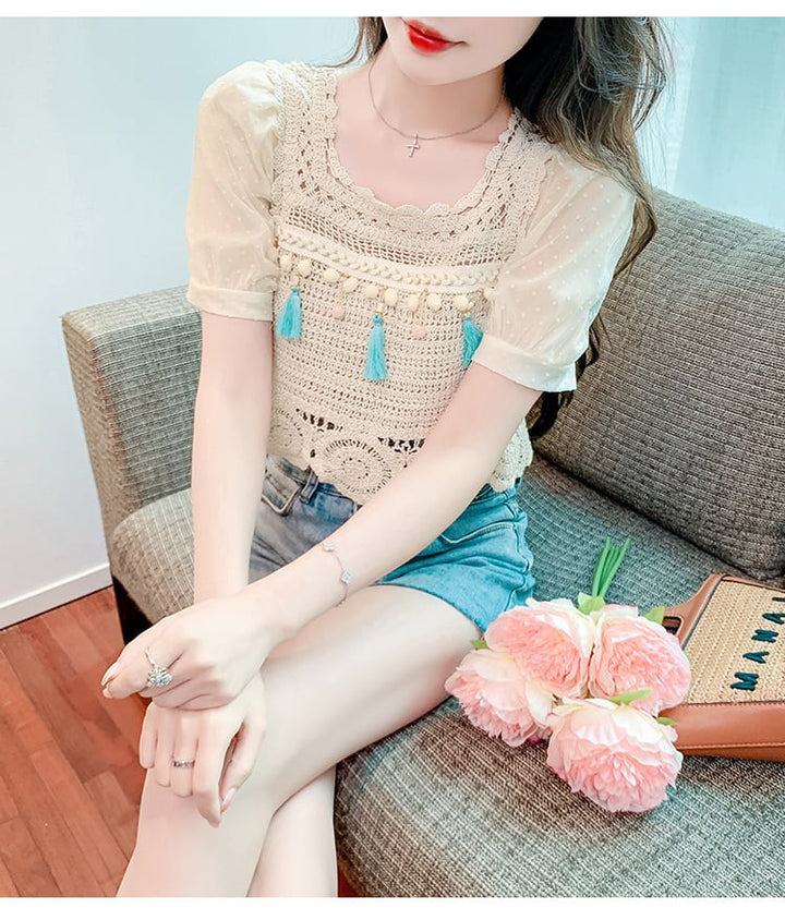 【tops】柔らかくて優しい印象カットワークニットトップス　M17061