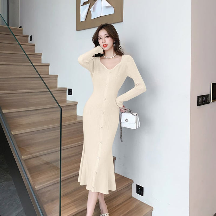 【dress】Vネックニットワンピース Q7665