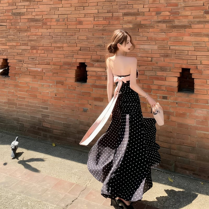 【dress】ドット柄リボン付きロングワンピース Q8374