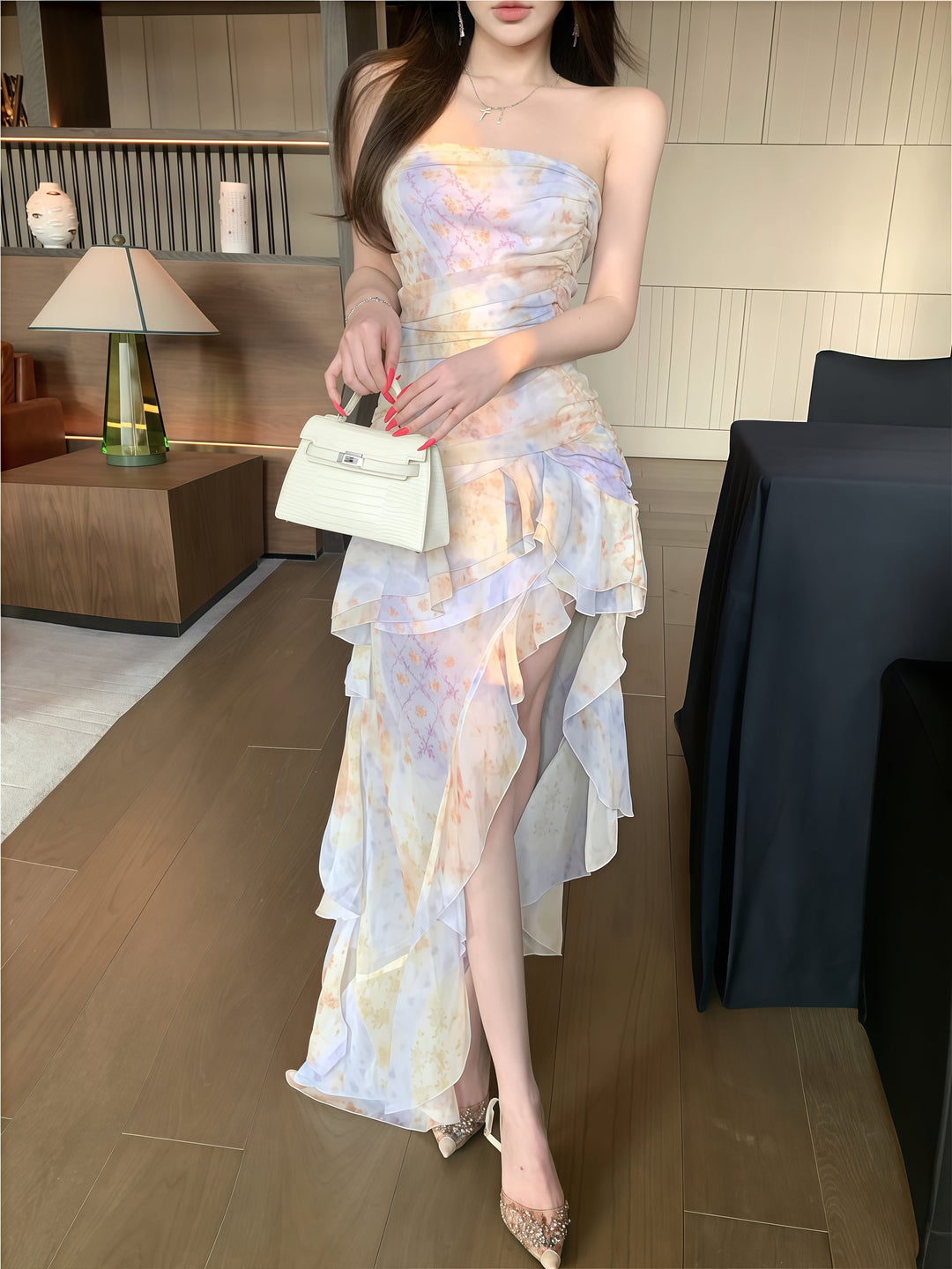 【dress】ベアトップフリルプリントワンピース　M31597