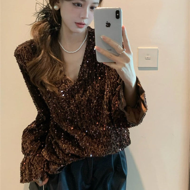 【tops】スパンコールVネックトップス　M28576