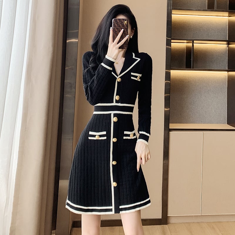 【dress】気質満点 エレガントVネックニットワンピース　M17508