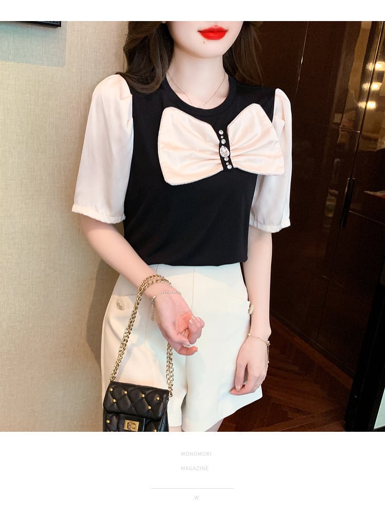 【tops】知的で品の良い♡エレガントリボン付きTシャツ　M16838
