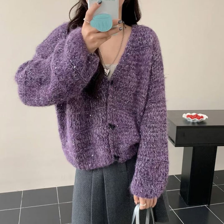 【outer】スパンコール付きニットカーディガン Q8121
