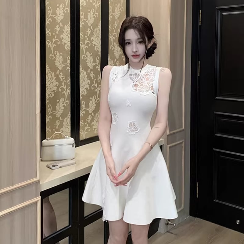 【dress】ノースリーブレースドッキングフレアニットワンピース Q7795