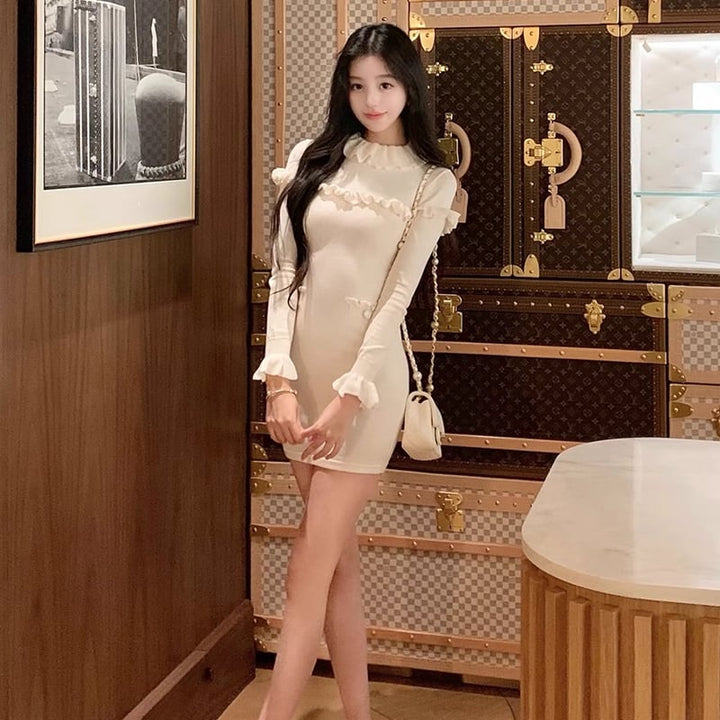 【dress】ギャザーフリルニットワンピース Q7676