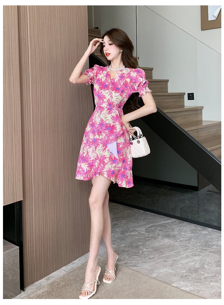 【dress】美人度アップ不規則 イレギュラー花柄ワンピース　M16782