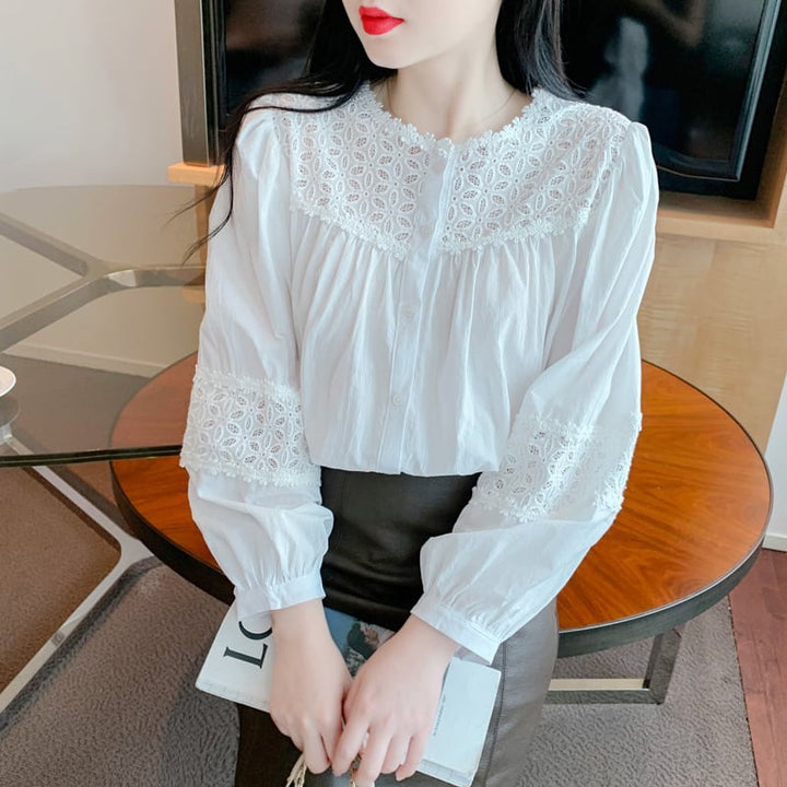【tops】 爽やかな印象レース切り替え2色シャツトップス　M17297