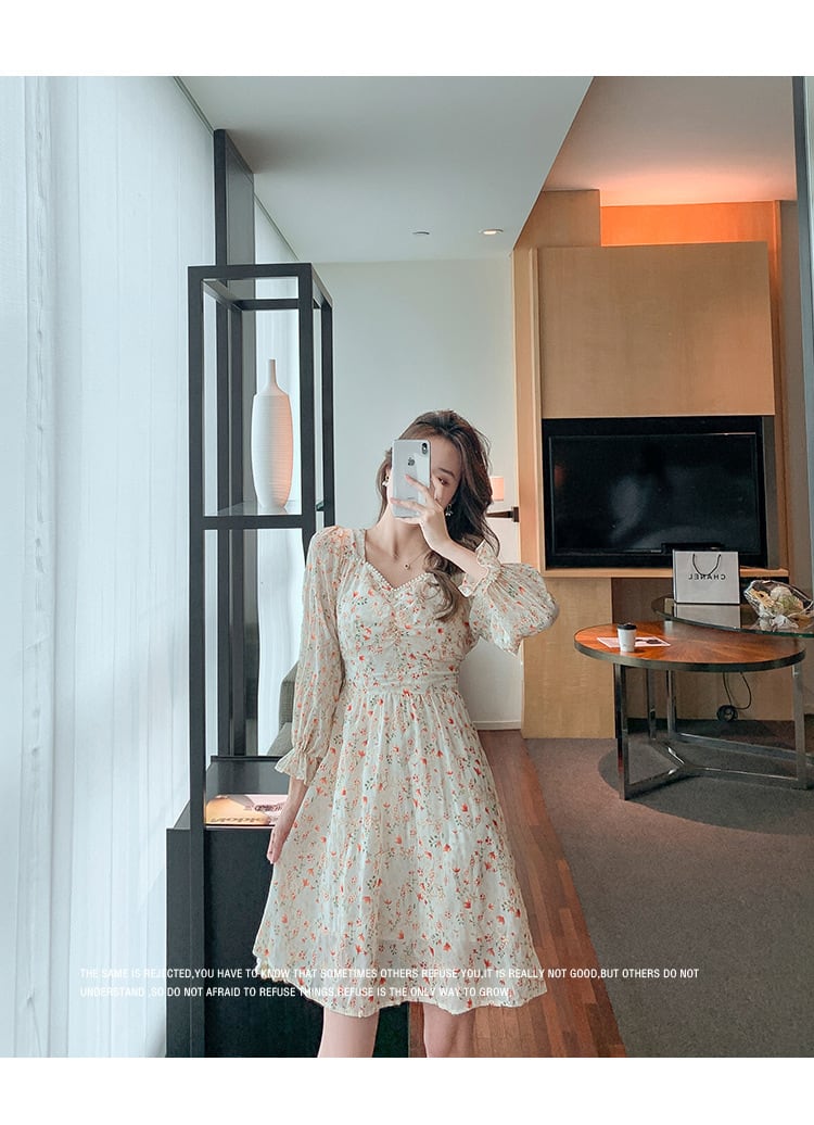 【dress】パフスリーブスウィート花柄ワンピース　M17075