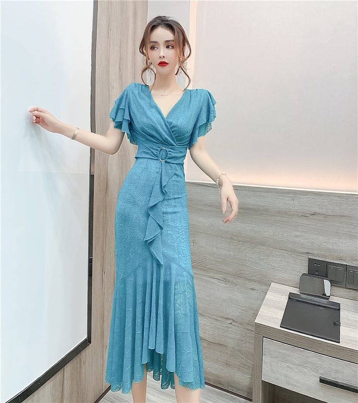 【dress】美人度アップVネックマーメイドワンピース　M17020