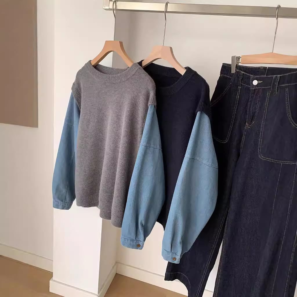【tops】デニム切り替えニットセーター　M26730