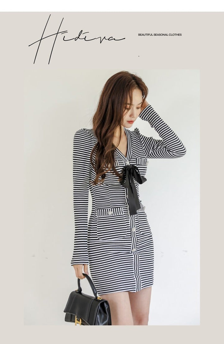 【dress】ボーダー柄リボン付きニットワンピース　M18084