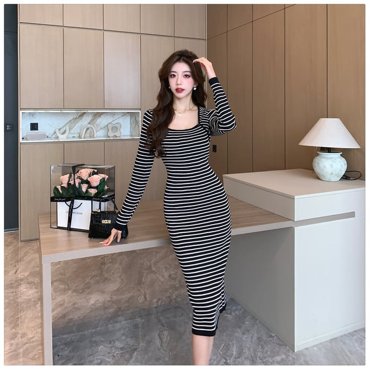 【dress】ボーダー柄ニットワンピース　M18011