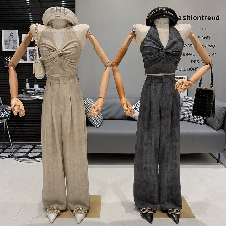 【set】Vネックトップス×ワイドパンツセット　M24991