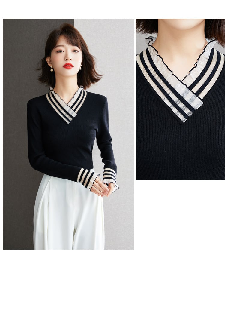 【tops】人気アイテム ! エレガントVネック薄手ニットシャツ　M16849