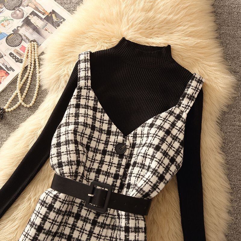 【set】ニットセーター×チェック柄キャミワンピースセット　N2262