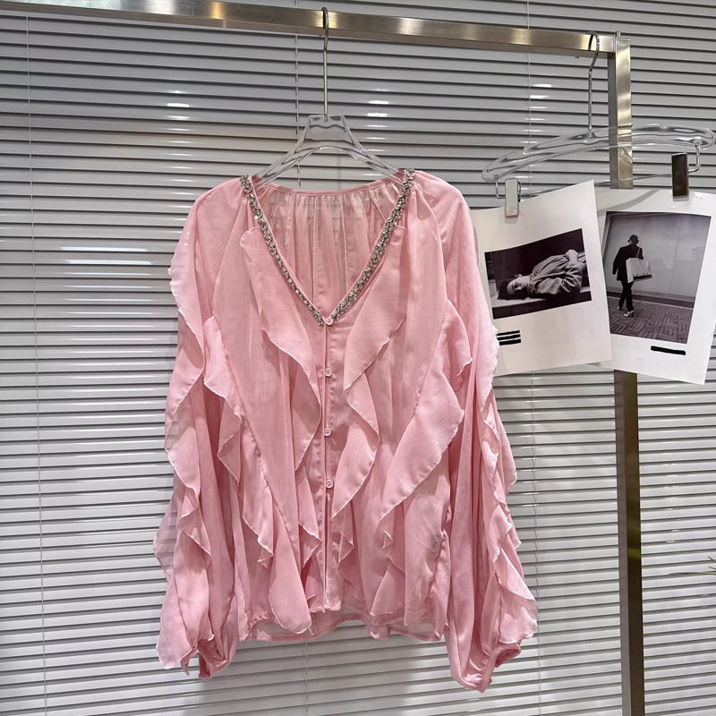 【tops】Vネックフレアシフォンシャツ Q8105