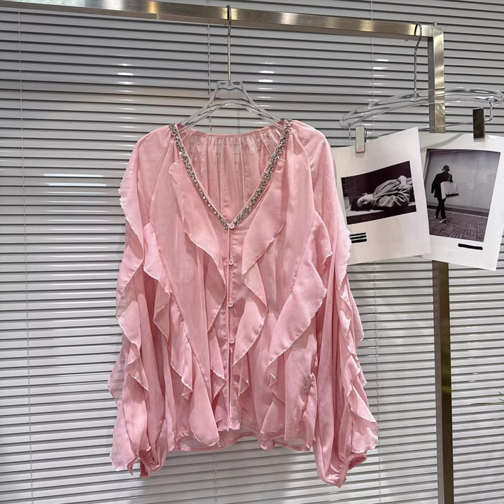 【tops】Vネックフレアシフォンシャツ Q8105