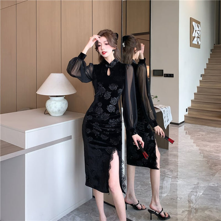 【dress】チュールコンビレーススリットワンピース　M29351
