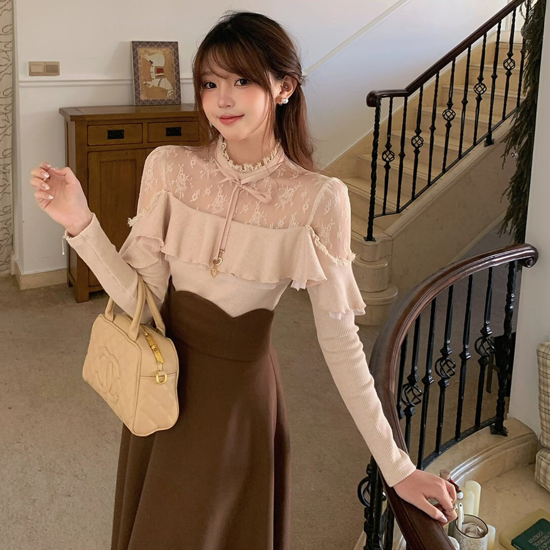 【set】レースフリルニットトップス×ロングスカートセット    N3477