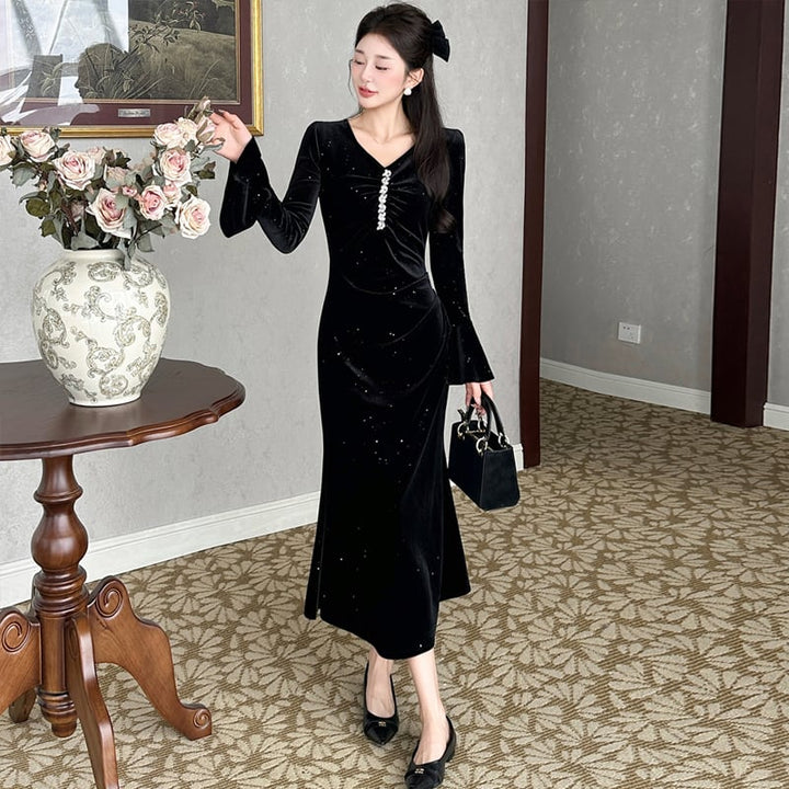【dress】Vネックベルベットロングワンピース Q7502