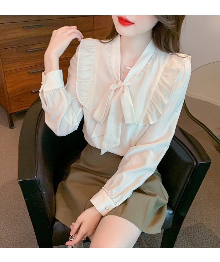 【tops】美人度アップリボン付きシャツトップス超人気　M17338
