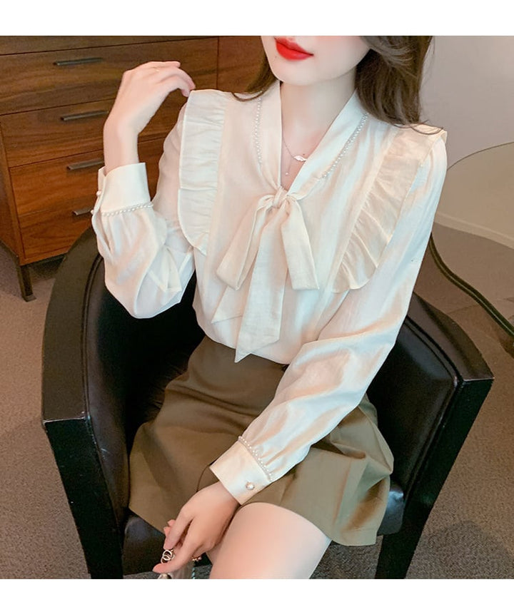 【tops】美人度アップリボン付きシャツトップス超人気　M17338