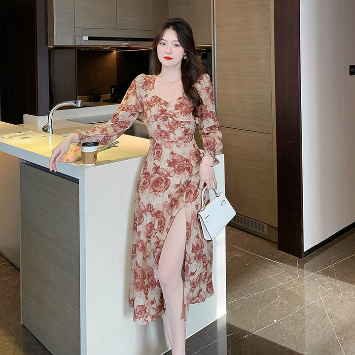 【dress】話題沸騰中 オシャレスリット花柄ワンピース　M17306