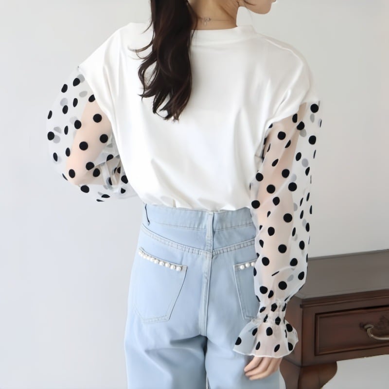 【tops】チュール切り替え長袖Tシャツ　M22604