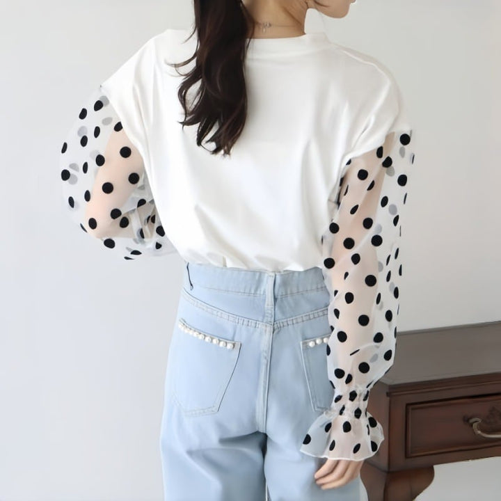 【tops】チュール切り替え長袖Tシャツ　M22604