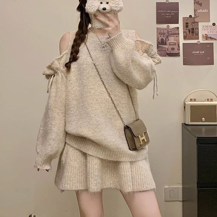 【set】オフショルニットトップス×ミニスカートセット Q7276