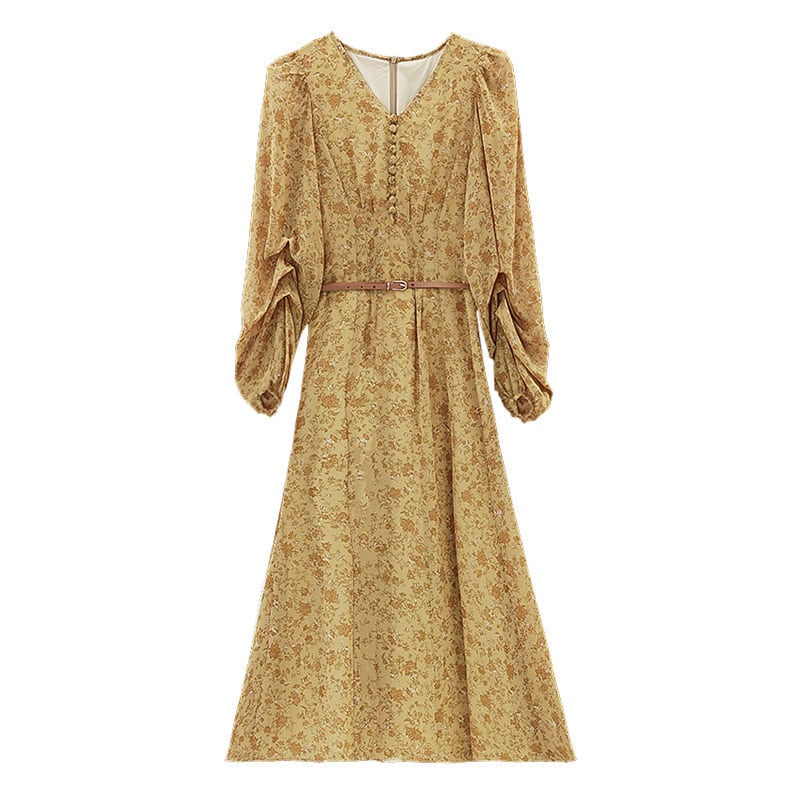 【dress】輝いて超人気 ! Vネック花柄ワンピースベルト付き　M17029