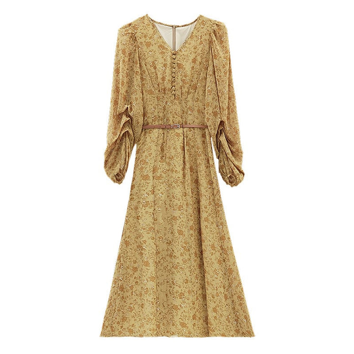 【dress】輝いて超人気 ! Vネック花柄ワンピースベルト付き　M17029