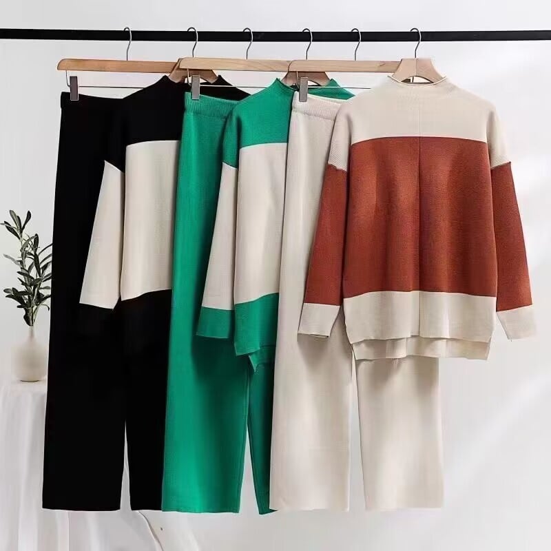 【set】配色ニットトップス+ストレートパンツセット　M17709