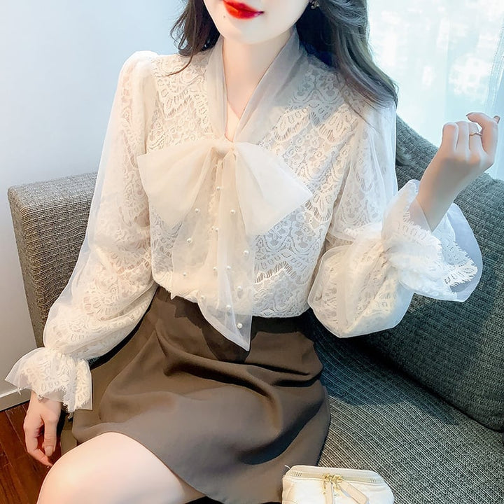 【tops】リボン付きレースシャツトップス　M18251