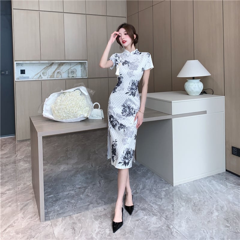 【dress】絶対流行エレガントスリットプリントワンピース　M16799