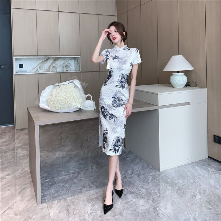 【dress】絶対流行エレガントスリットプリントワンピース　M16799