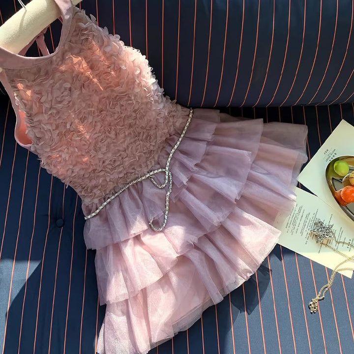 【dress】ノースリーブ立体感バラティアードワンピース Q8474
