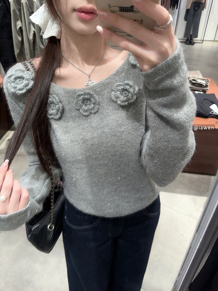 【tops】スパンコール立体フラワーニットトップス　M27222