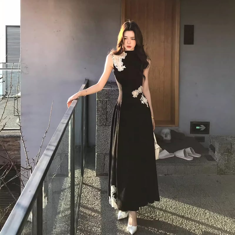 【dress】レースドッキングノースリーブニットワンピース Q8403