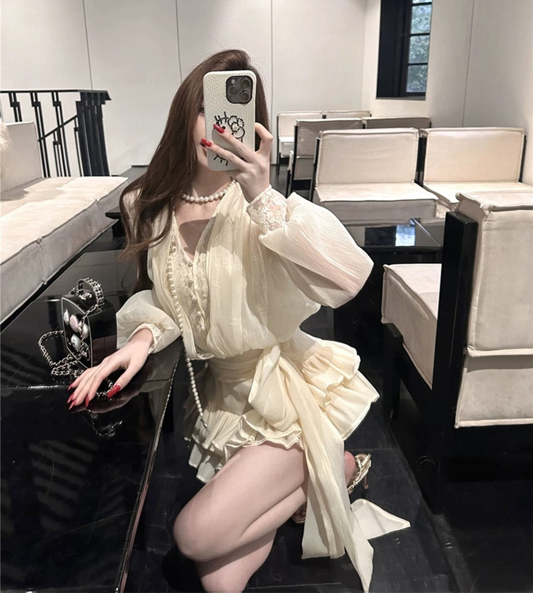 【dress】レースドッキングミニワンピース×ショートパンツセット　N3538