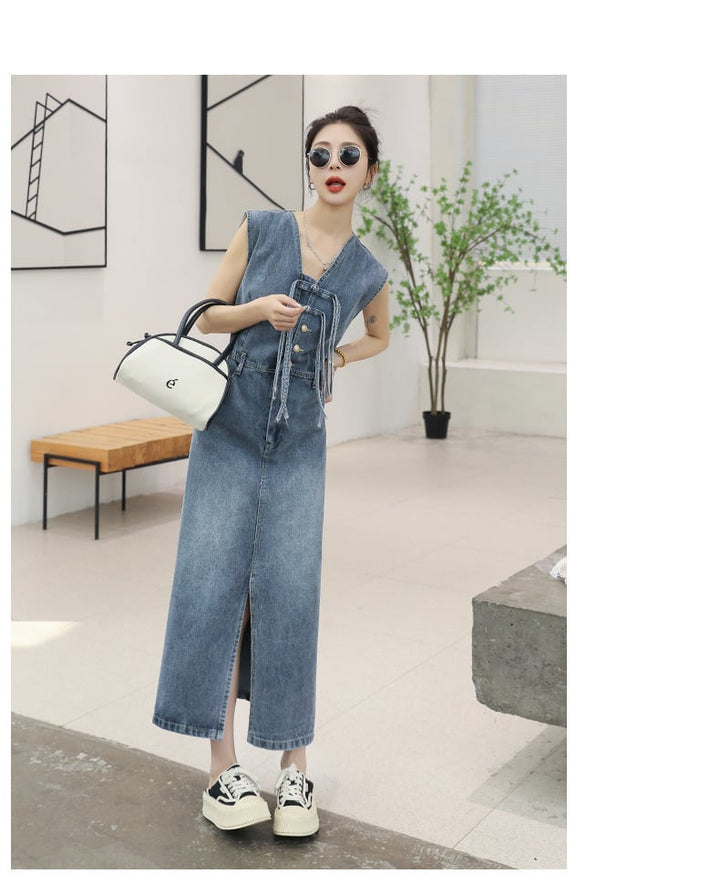 【dress】絶対流行ファッションノースリーブデニムワンピース　M16834