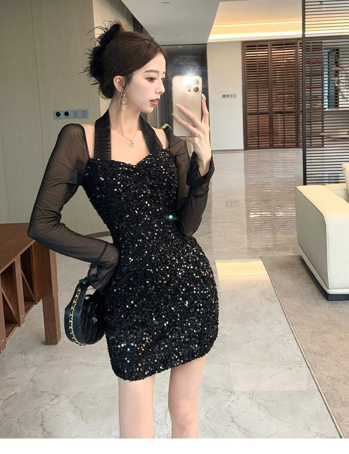 【dress】スパンコールチュールコンビワンピース　M28438