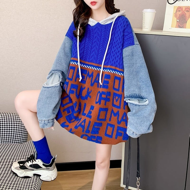 【tops】デニム切り替えニットセーター　M26809