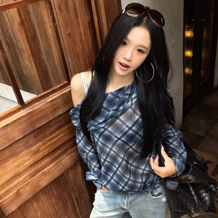 【tops】チェック柄シフォントップス Q8210