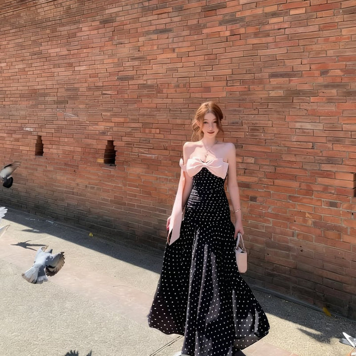 【dress】ドット柄リボン付きロングワンピース Q8374