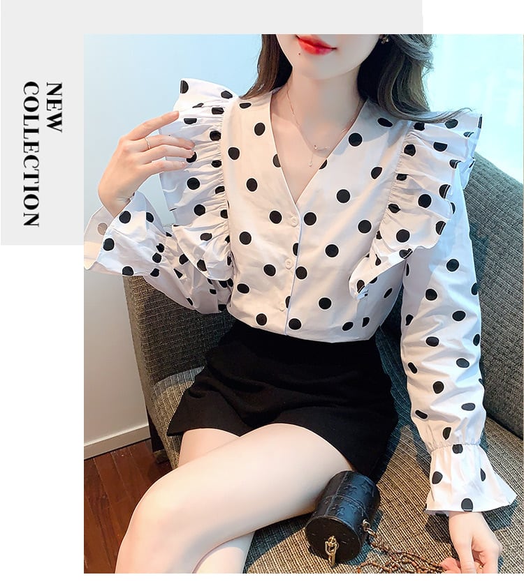 【tops】今季マストバイVネックドット柄シャツトップス　M17151