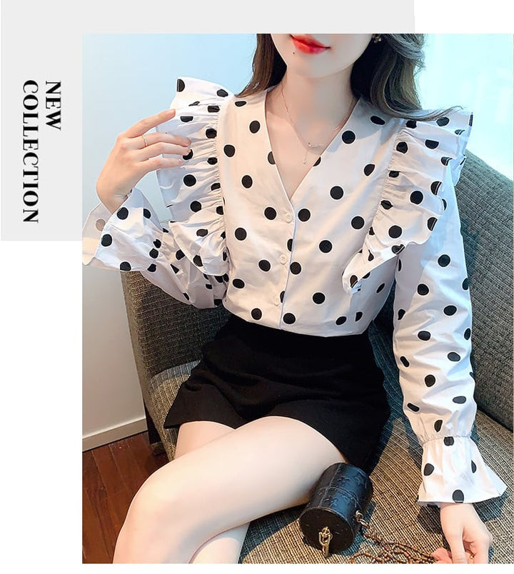 【tops】今季マストバイVネックドット柄シャツトップス　M17151